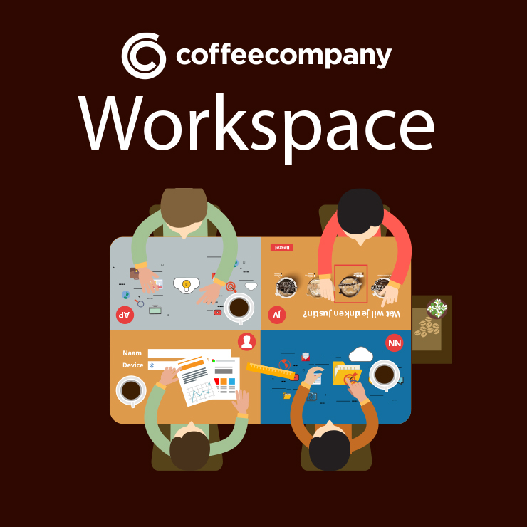 Workspace - Coffee company logo and illustration of students at work